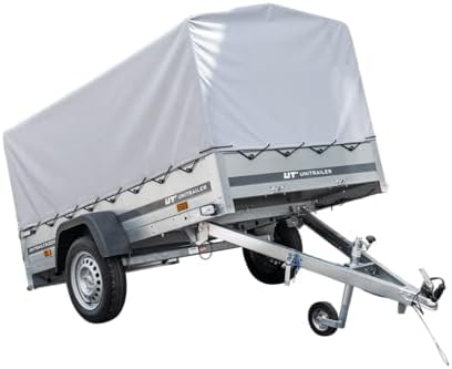 UNITRAILER Trailer Car 230 x 125 cm Garden Trailer 230 Tilting Unitrailer 750 kg with Jockey Wheel, Tarpaulin and High Arrow