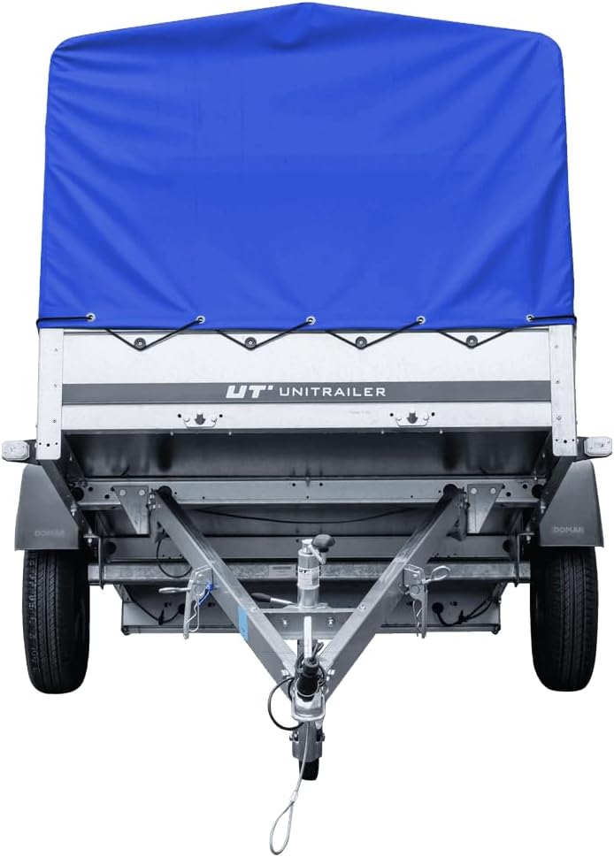 UNITRAILER Car Trailer 230 x 125 cm Garden Trailer 230 Tilting 750 kg with Jockey Wheel, Blue Tarpaulin and High Arrow