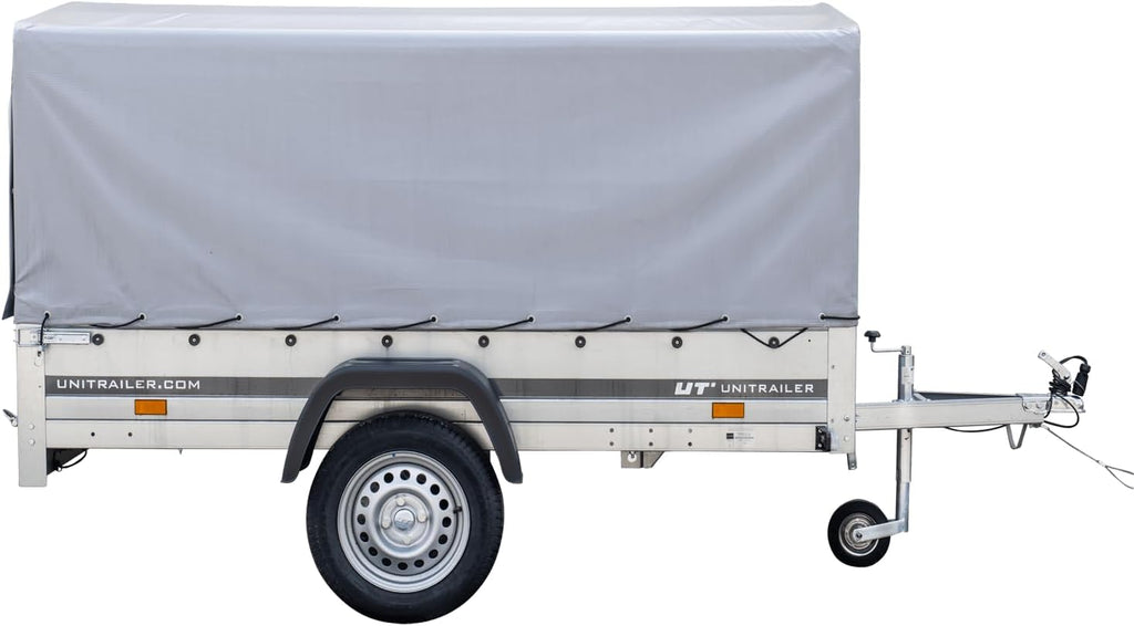 UNITRAILER Trailer Car 230 x 125 cm Garden Trailer 230 Tilting Unitrailer 750 kg with Jockey Wheel, Tarpaulin and High Arrow