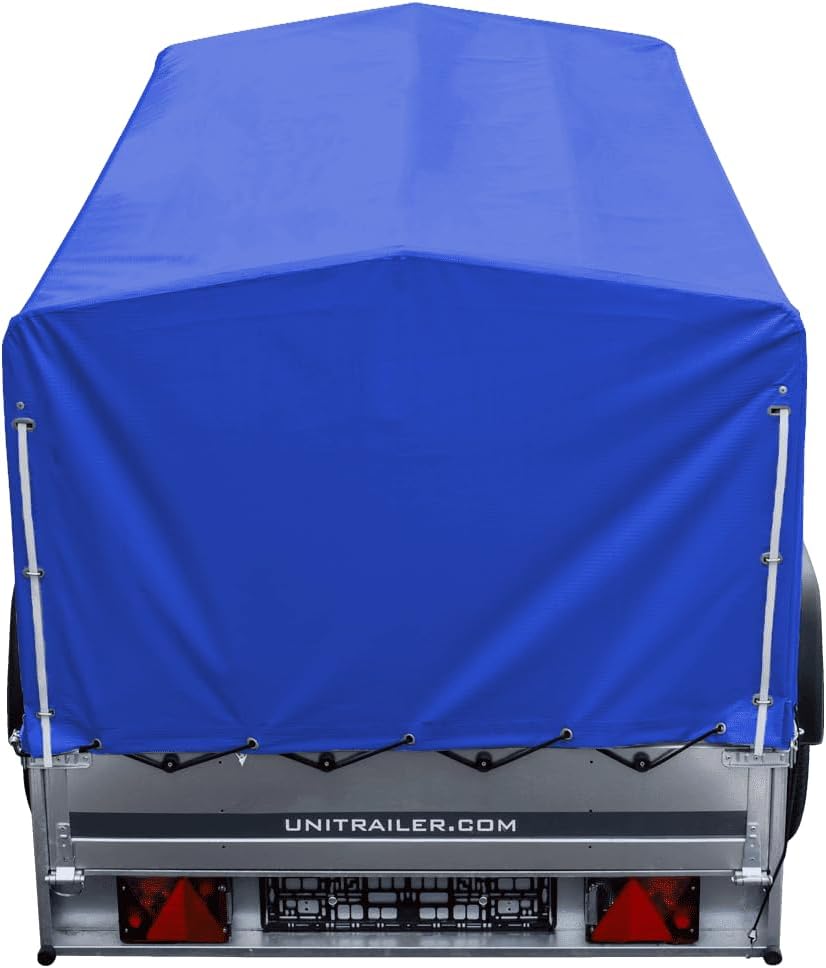 UNITRAILER Car Trailer 230 x 125 cm Garden Trailer 230 Tilting 750 kg with Jockey Wheel, Blue Tarpaulin and High Arrow