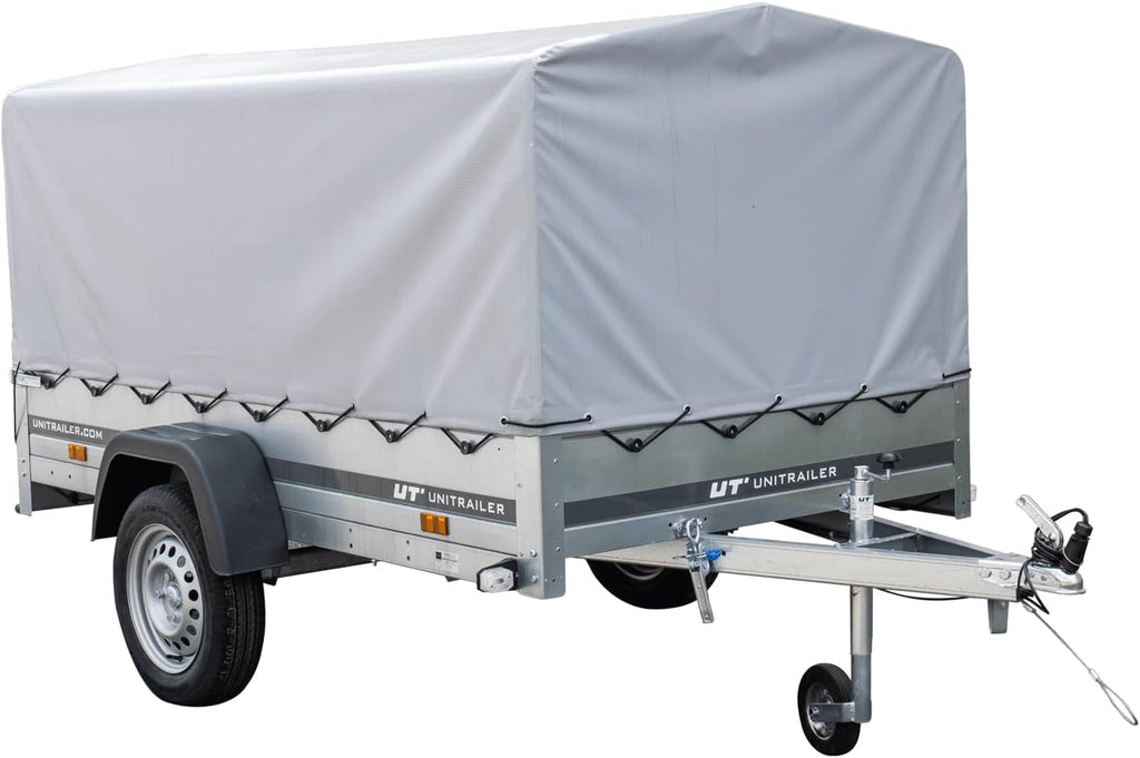 UNITRAILER Trailer Car 230 x 125 cm Garden Trailer 230 Tilting Unitrailer 750 kg with Jockey Wheel, Tarpaulin and High Arrow