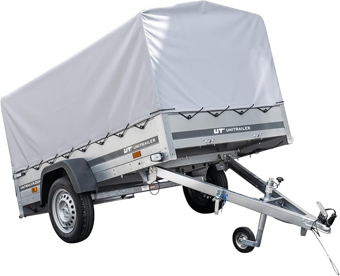 UNITRAILER Trailer Car 230 x 125 cm Garden Trailer 230 Tilting Unitrailer 750 kg with Jockey Wheel, Tarpaulin and High Arrow