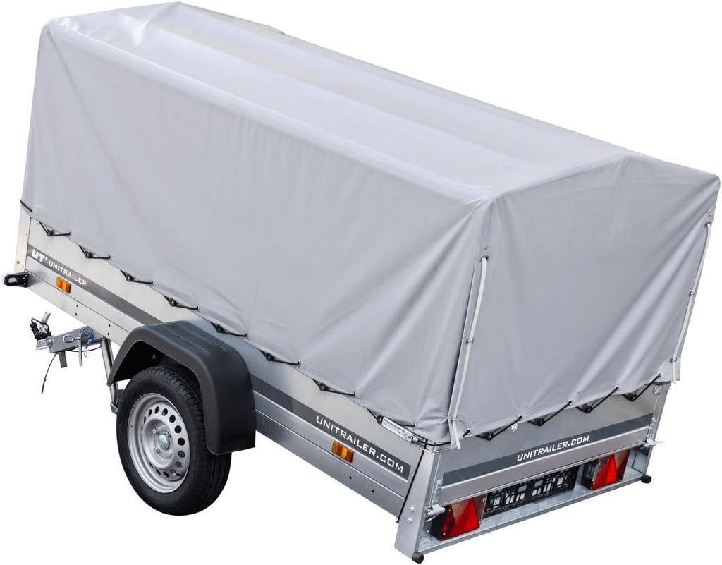 UNITRAILER Trailer Car 230 x 125 cm Garden Trailer 230 Tilting Unitrailer 750 kg with Jockey Wheel, Tarpaulin and High Arrow