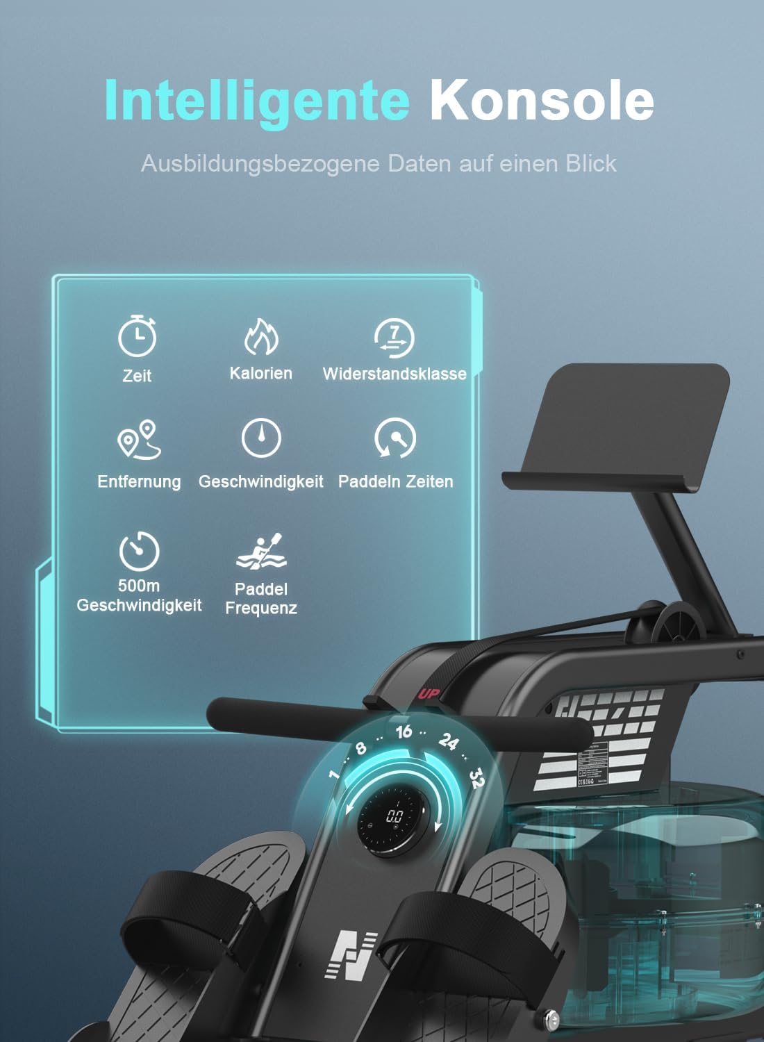 NEEZEE Wasserrudergerät: Bluetooth-Monitor, Tablet-Halterung, 150 kg Kapazität
