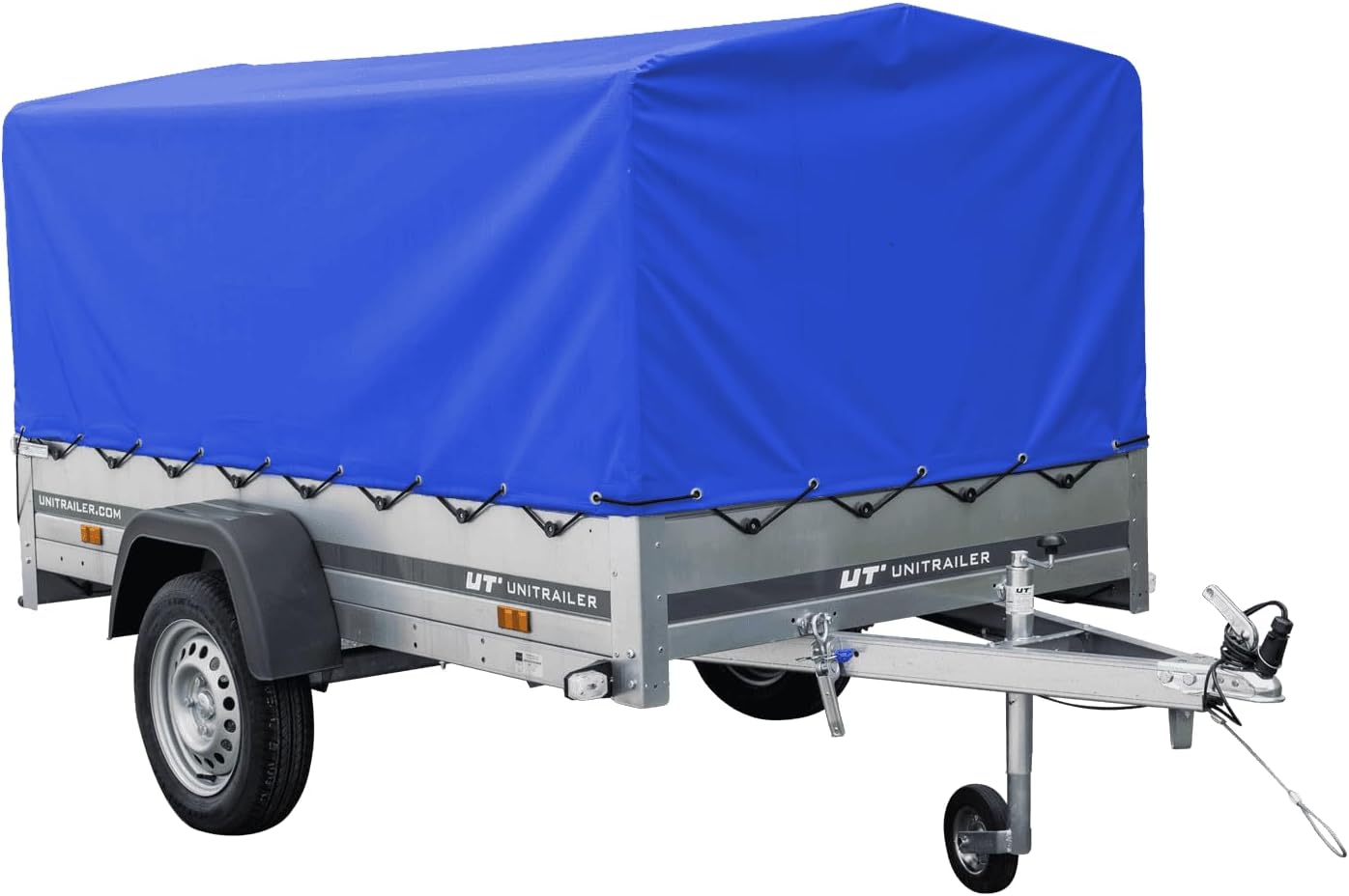UNITRAILER Car Trailer 230 x 125 cm Garden Trailer 230 Tilting 750 kg with Jockey Wheel, Blue Tarpaulin and High Arrow