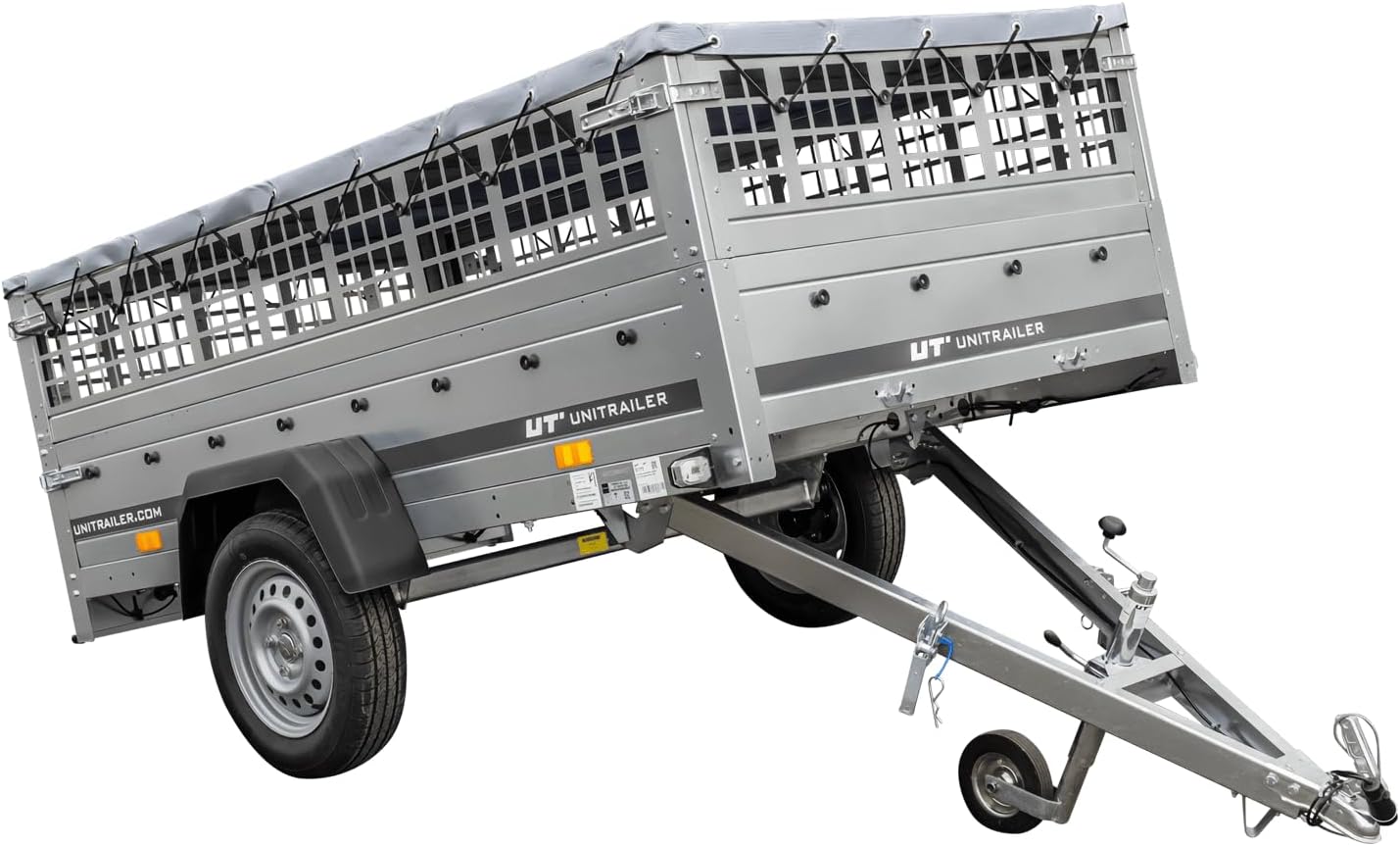 UNITRAILER Large Trailer 230 x 125 cm with Flat Tarpaulin, Mesh and Jockey Wheel - Garden Trailer 230 Kipp