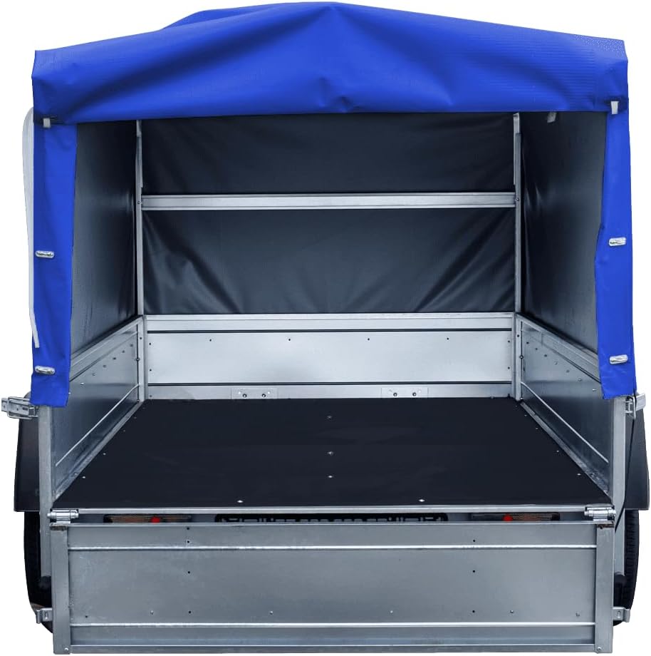 UNITRAILER Car Trailer 230 x 125 cm Garden Trailer 230 Tilting 750 kg with Jockey Wheel, Blue Tarpaulin and High Arrow