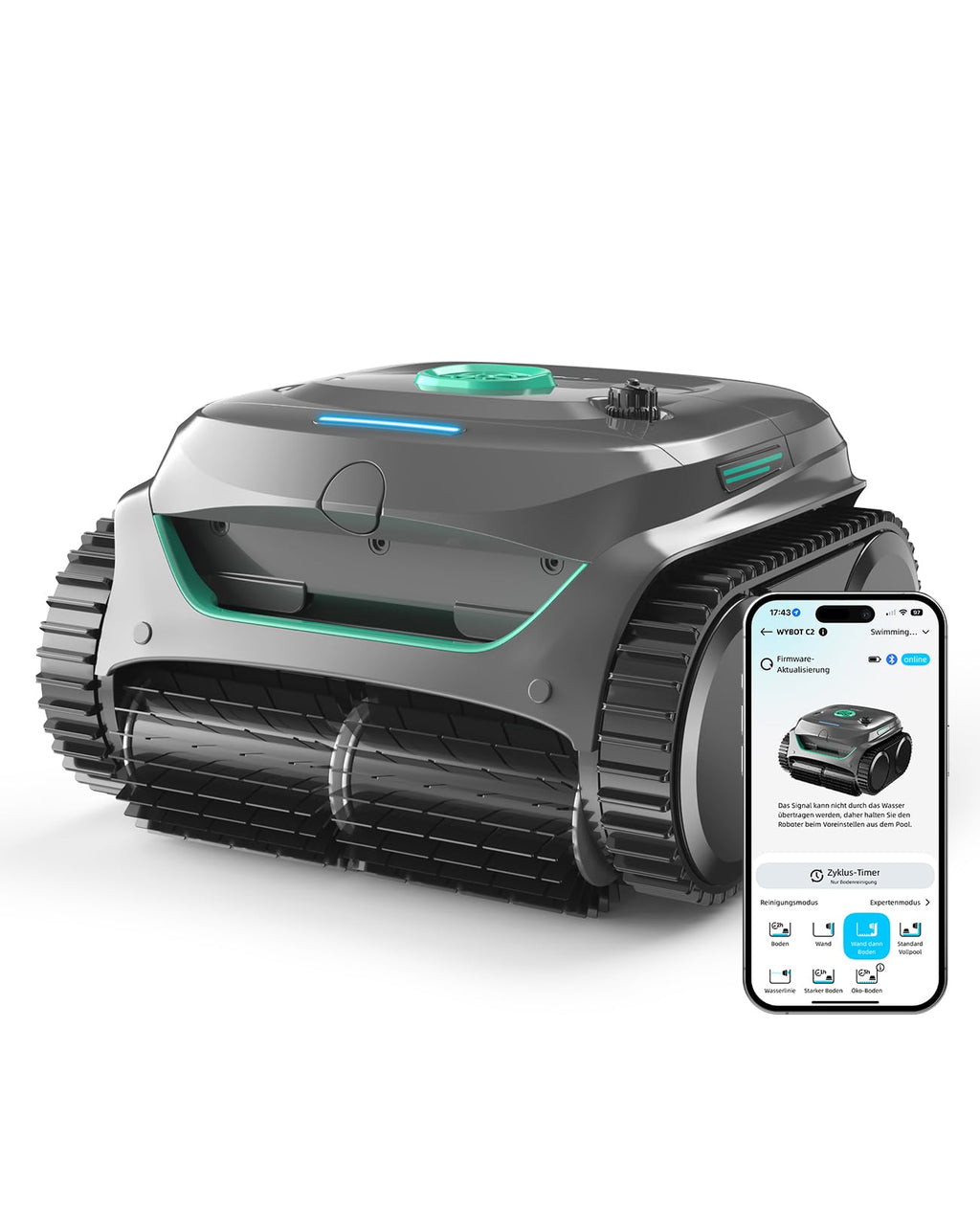 WYBOT C2 Poolroboter Akku, Boden & Wand, bis 150㎡, Doppelfilter, 3 Motoren, Wandkletter, 183 Min, App, Schwarz-Grün B