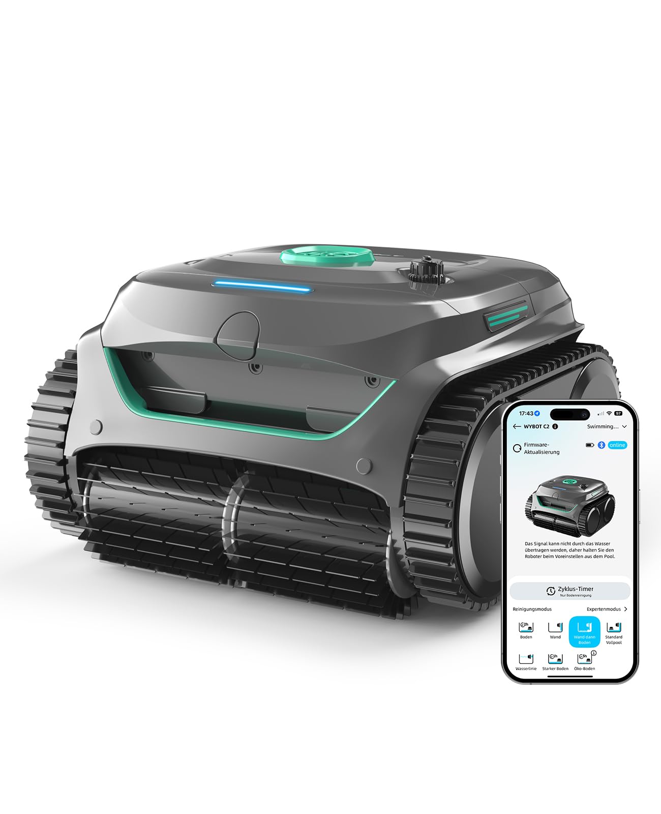 WYBOT C2 Poolroboter Akku, Boden & Wand, bis 150㎡, Doppelfilter, 3 Motoren, Wandkletter, 183 Min, App, Schwarz-Grün B