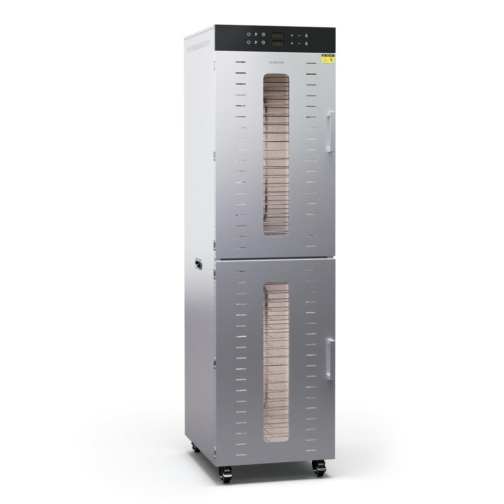 Klarstein Dörrautomat Edelstahl – 4.000-W-Dörrgerät, 48 Edelstahl-Einlegeböden, 30–90 °C, 24-Stunden-Timer, 6 Ventilatoren, 2 Trockenkammern, 50–55 dB, ideal für Obst, Gemüse, Fleisch, Kräuter, Silber