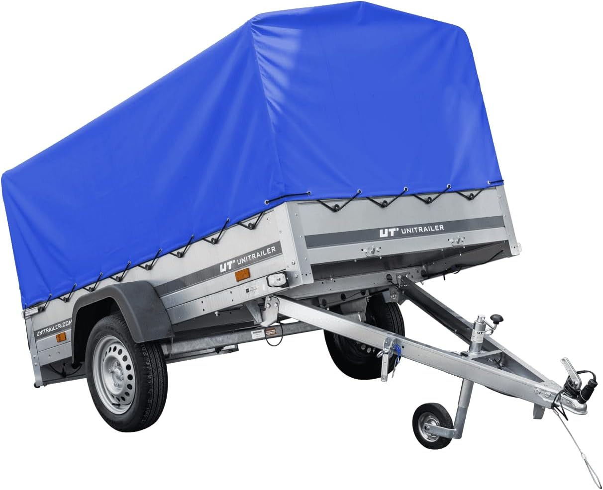 UNITRAILER Car Trailer 230 x 125 cm Garden Trailer 230 Tilting 750 kg with Jockey Wheel, Blue Tarpaulin and High Arrow