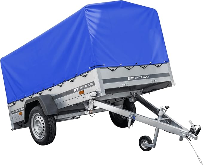 UNITRAILER Car Trailer 230 x 125 cm Garden Trailer 230 Tilting 750 kg with Jockey Wheel, Blue Tarpaulin and High Arrow