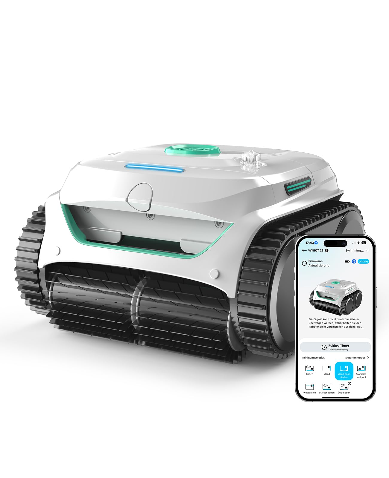 WYBOT C2 Poolroboter Akku, Boden & Wand, bis 150㎡, Doppelfilter, 3 Motoren, Wandkletter, 183 Min, App, Schwarz-Grün B