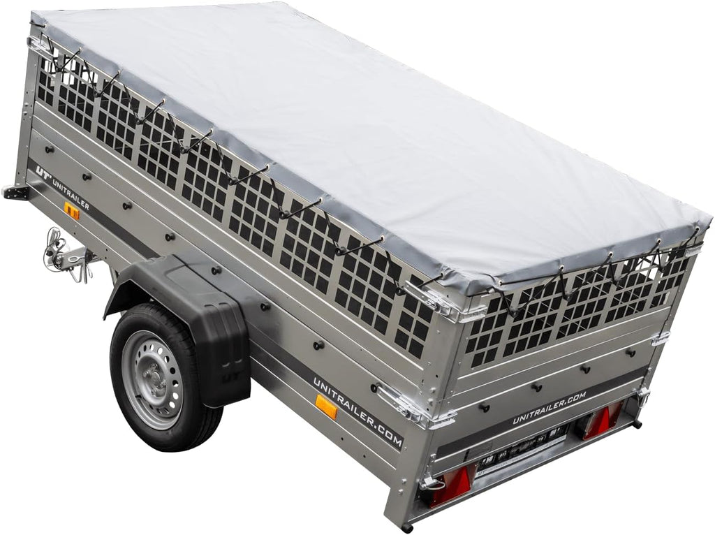 UNITRAILER Large Trailer 230 x 125 cm with Flat Tarpaulin, Mesh and Jockey Wheel - Garden Trailer 230 Kipp