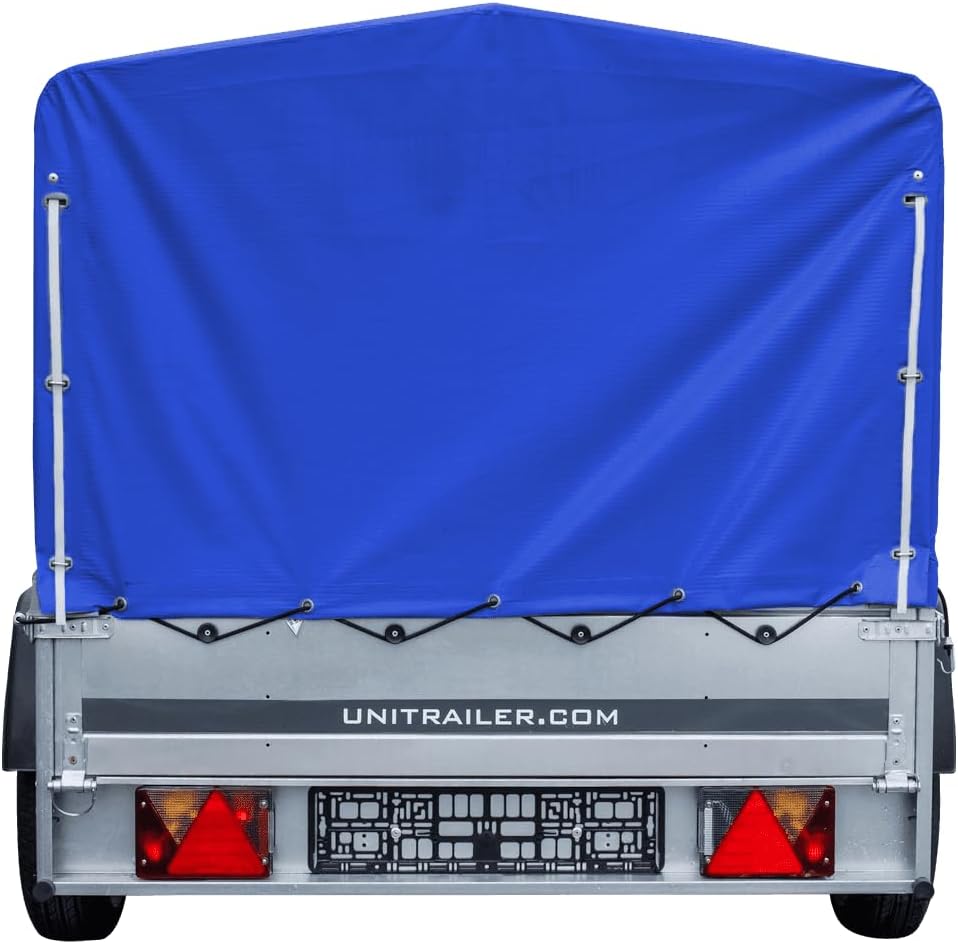 UNITRAILER Car Trailer 230 x 125 cm Garden Trailer 230 Tilting 750 kg with Jockey Wheel, Blue Tarpaulin and High Arrow