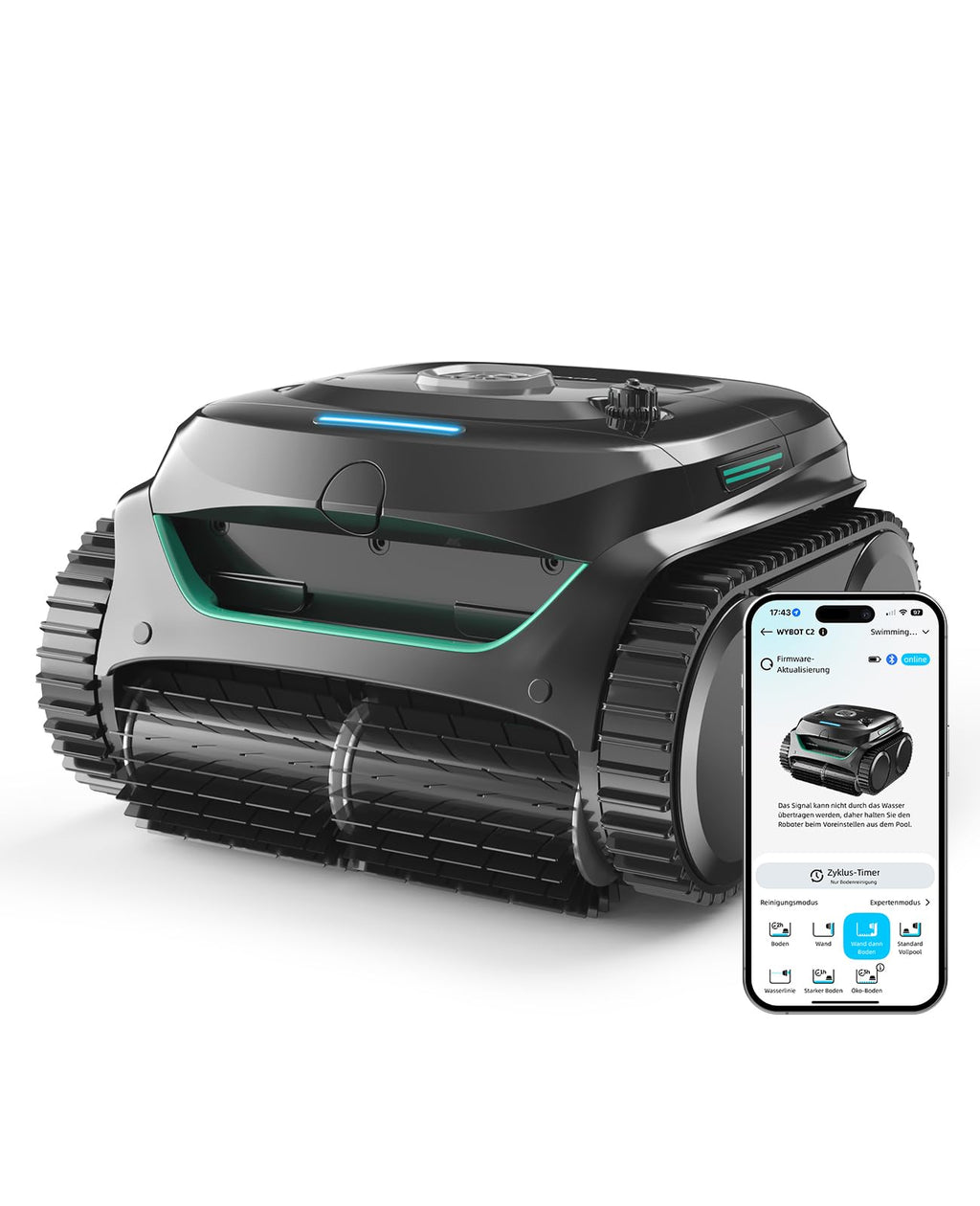 WYBOT C2 Poolroboter Akku, Boden & Wand, bis 150㎡, Doppelfilter, 3 Motoren, Wandkletter, 183 Min, App, Schwarz-Grün B