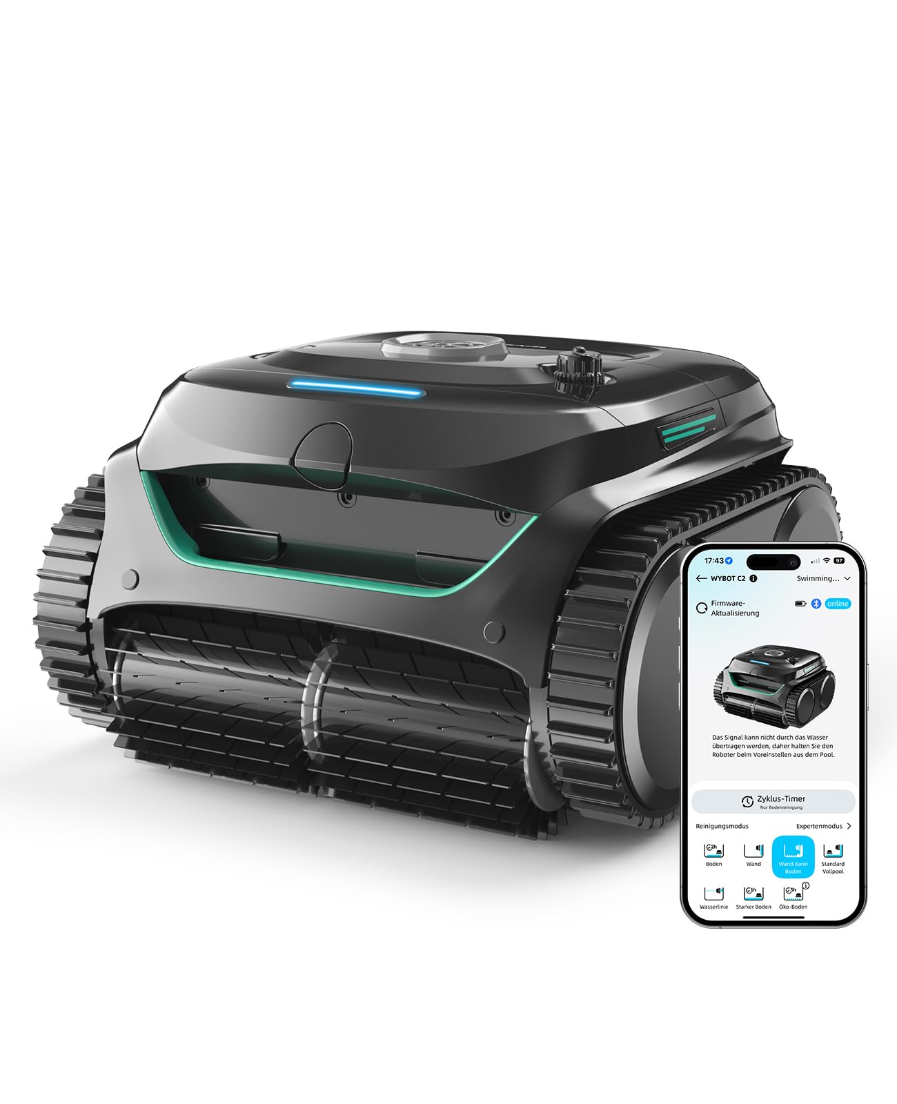 WYBOT C2 Poolroboter Akku, Boden & Wand, bis 150㎡, Doppelfilter, 3 Motoren, Wandkletter, 183 Min, App, Schwarz-Grün B