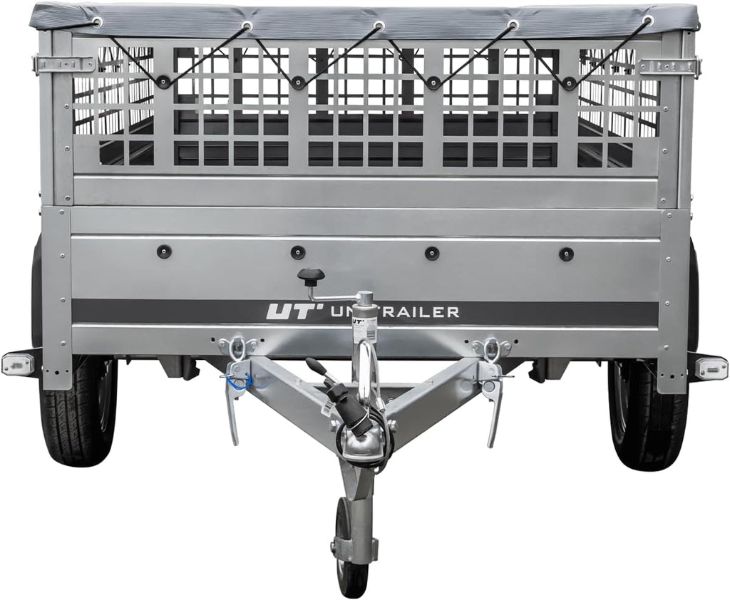 UNITRAILER Large Trailer 230 x 125 cm with Flat Tarpaulin, Mesh and Jockey Wheel - Garden Trailer 230 Kipp