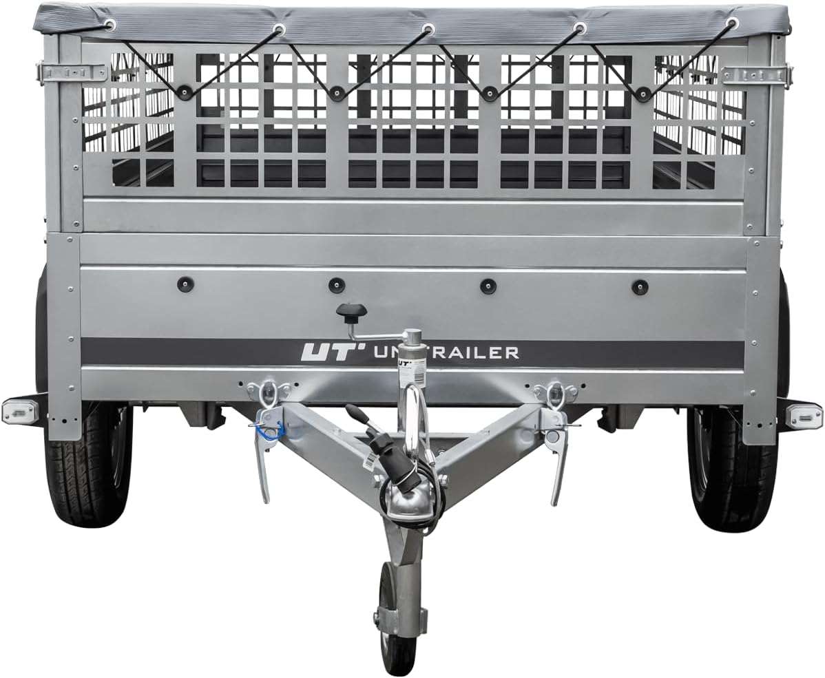 UNITRAILER Large Trailer 230 x 125 cm with Flat Tarpaulin, Mesh and Jockey Wheel - Garden Trailer 230 Kipp
