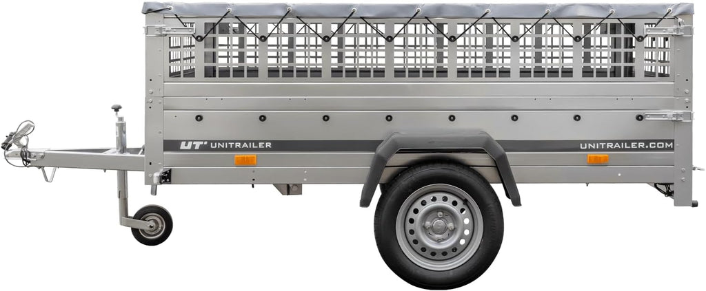 UNITRAILER Large Trailer 230 x 125 cm with Flat Tarpaulin, Mesh and Jockey Wheel - Garden Trailer 230 Kipp