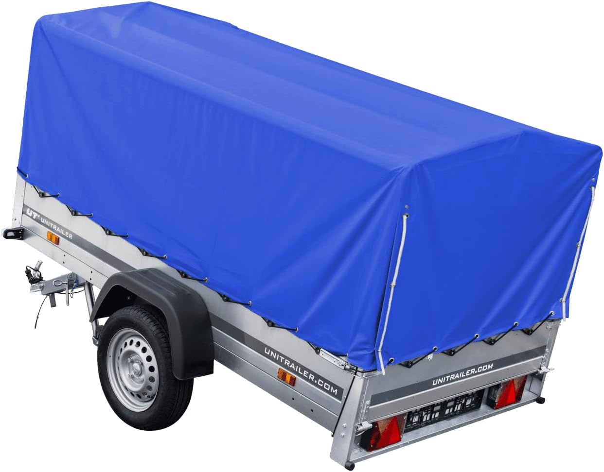 UNITRAILER Car Trailer 230 x 125 cm Garden Trailer 230 Tilting 750 kg with Jockey Wheel, Blue Tarpaulin and High Arrow
