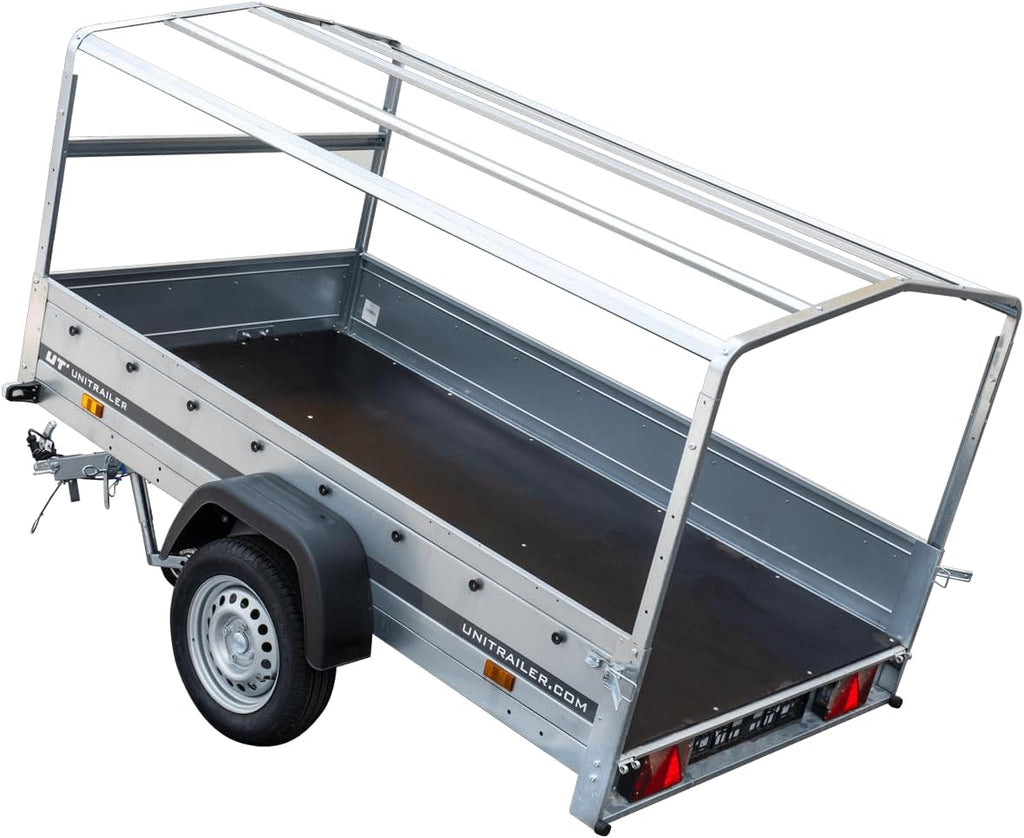 UNITRAILER Trailer Car 230 x 125 cm Garden Trailer 230 Tilting Unitrailer 750 kg with Jockey Wheel, Tarpaulin and High Arrow