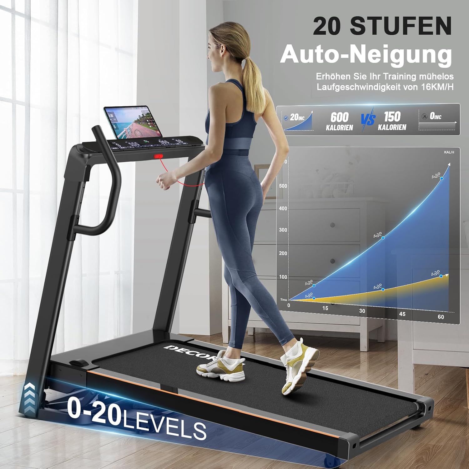 Decorcn Laufband: 4,5 PS, klappbar, 16 km/h, Steigung, LCD & Bluetooth