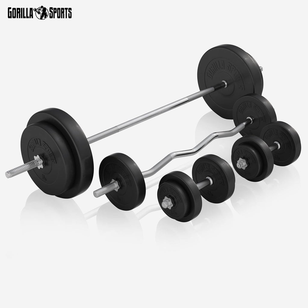 Gorilla Sports Hantelbank mit Gewichten, 170 cm Stange und Hantelset
