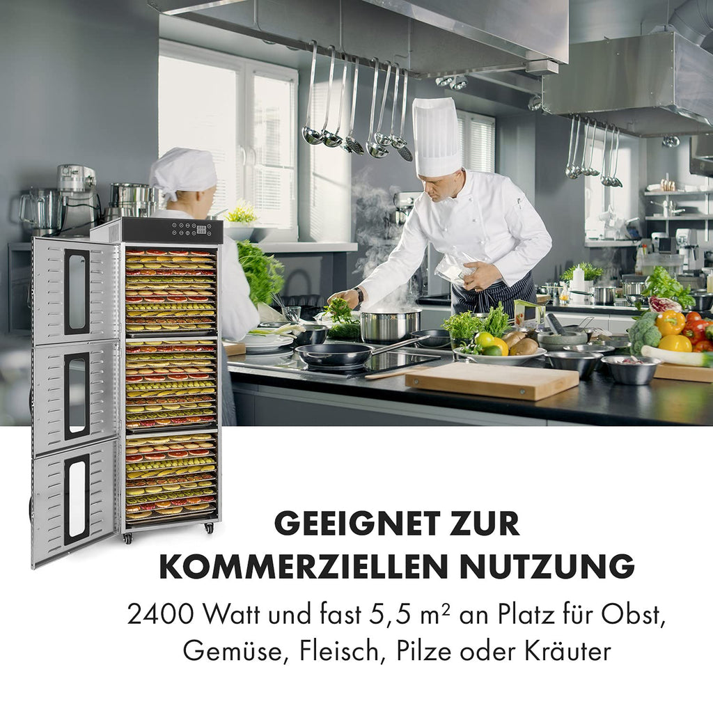 Klarstein Dörrautomat Edelstahl – 4.000-W-Dörrgerät, 48 Edelstahl-Einlegeböden, 30–90 °C, 24-Stunden-Timer, 6 Ventilatoren, 2 Trockenkammern, 50–55 dB, ideal für Obst, Gemüse, Fleisch, Kräuter, Silber