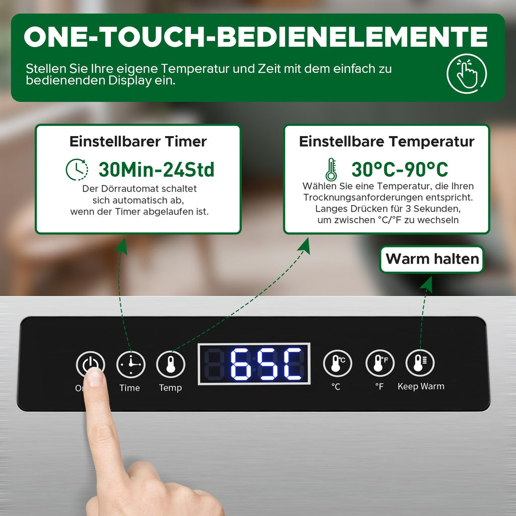 Kwasyo Dörrautomat Edelstahl DA 1000, XXL-Dörrfläche 1,8 m², Dörrgerät Temperatur einstellbar 30-90℃, LED-Display, 24 Std, BPA-frei, mit Rezeptheft, 10 Edelstahl-Dörrtabletts