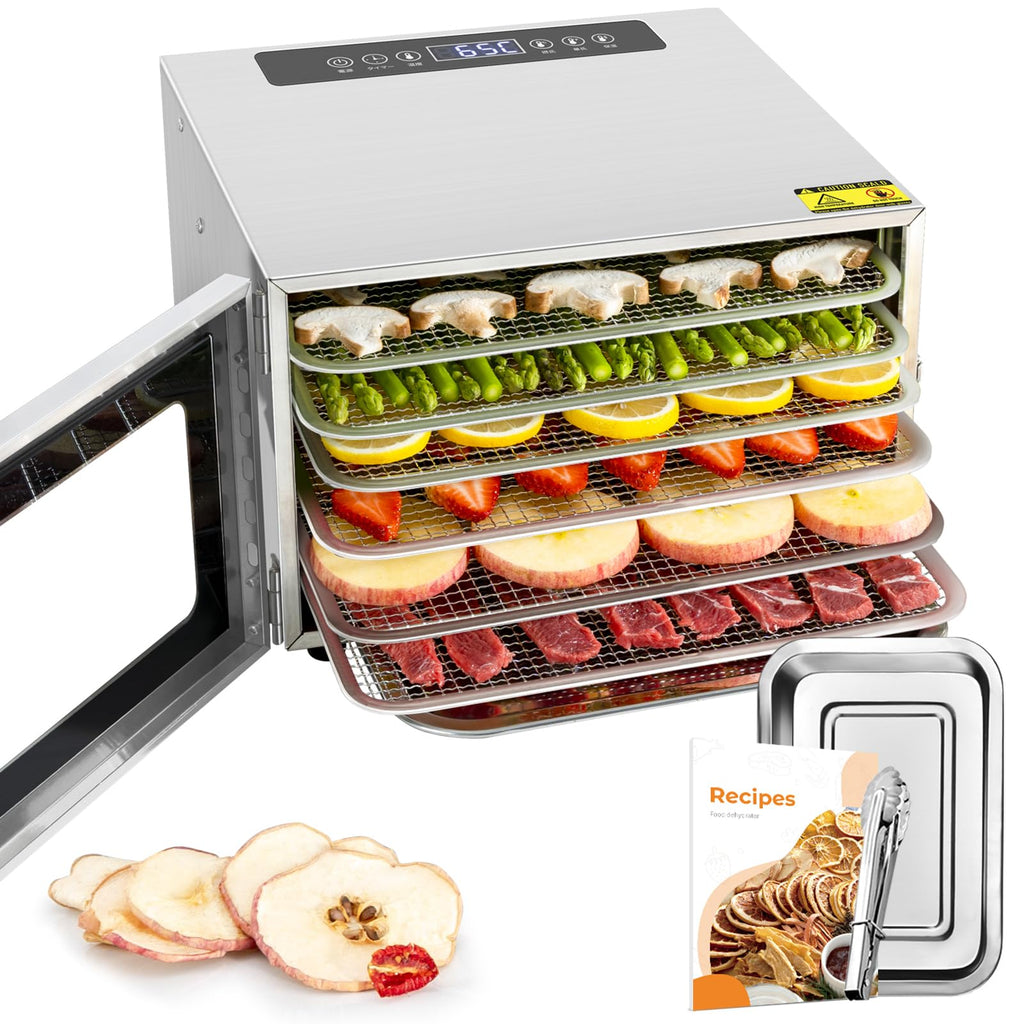 Kwasyo Dörrautomat Edelstahl DA 1000, XXL-Dörrfläche 1,8 m², Dörrgerät Temperatur einstellbar 30-90℃, LED-Display, 24 Std, BPA-frei, mit Rezeptheft, 10 Edelstahl-Dörrtabletts