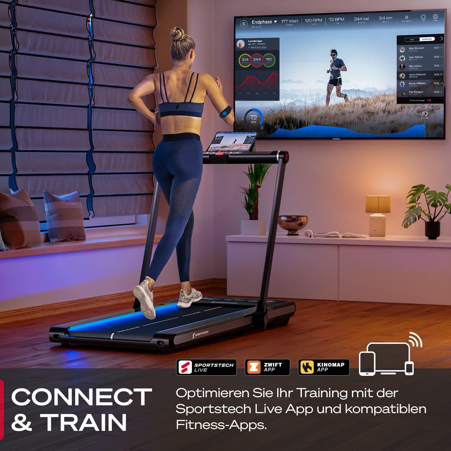 Sportstech Klappbares LED‑Laufband: Walking Pad mit Bluetooth‑App