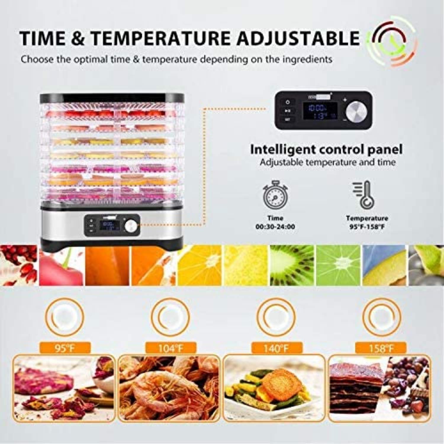 COOCHEER Dörrautomat Dehydrator Dörrapparat mit Temperaturregelung, 8 Etagen abnehmbare Dörrgerät, Temperaturregelung 35-70℃ für Fleisch, Fleisch, Früchte, Gemüse und Nüsse, 400W, BPA-frei