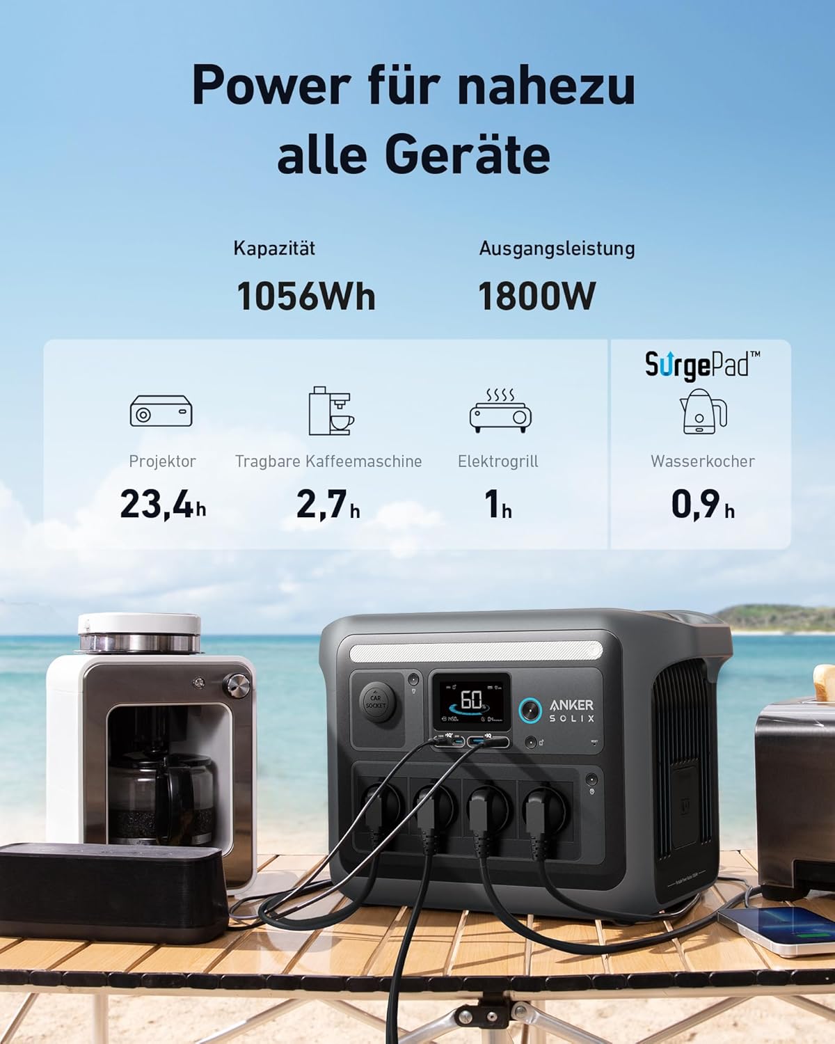 Anker SOLIX C1000 Powerstation 1056Wh, 1800W, mit Tasche & 4 AC-Steckdosen