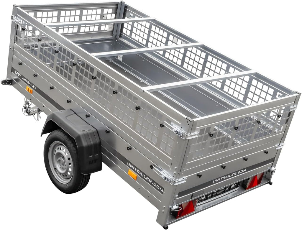 UNITRAILER Large Trailer 230 x 125 cm with Flat Tarpaulin, Mesh and Jockey Wheel - Garden Trailer 230 Kipp