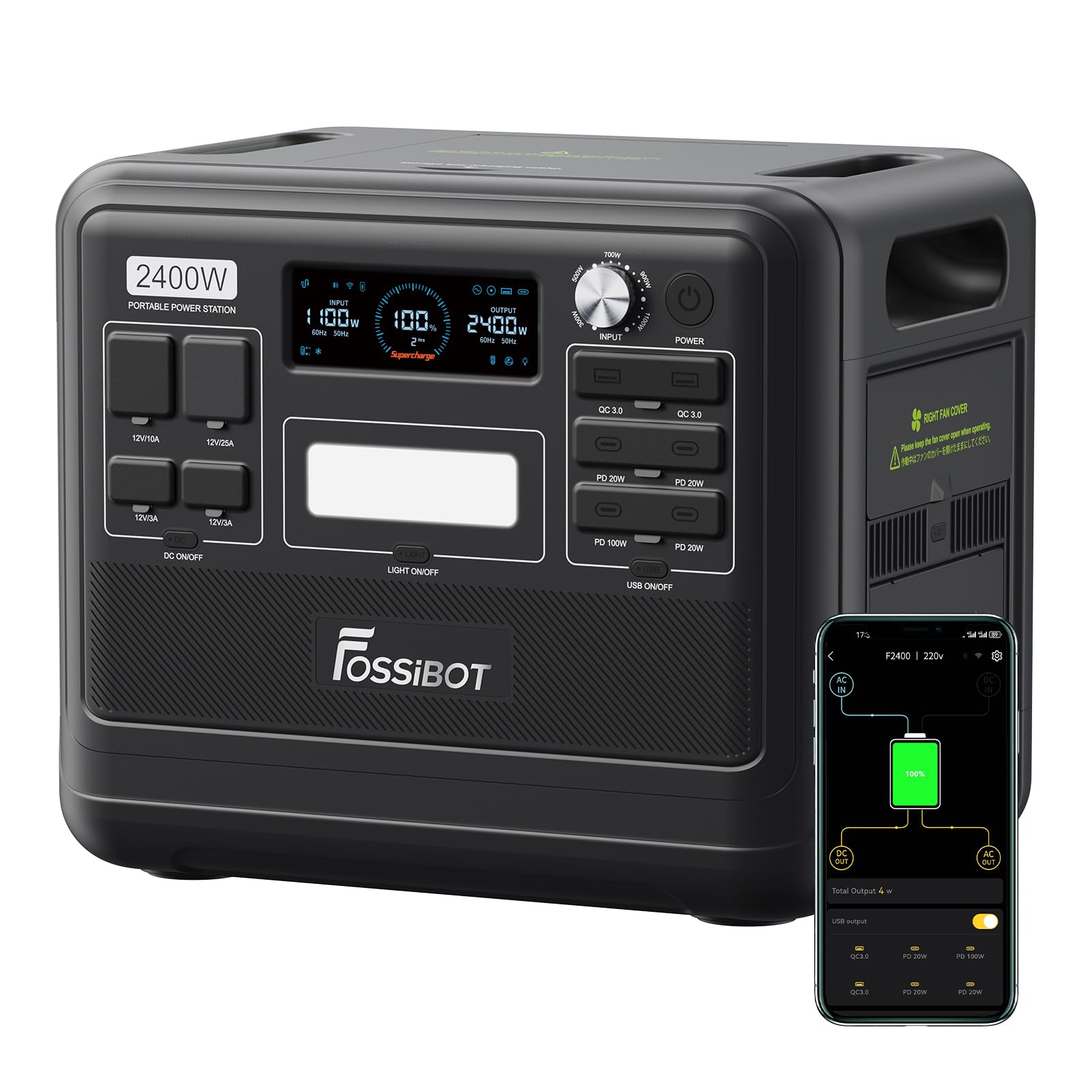 FOSSIBOT F2400 Powerstation 2400W (4800W Peak) mit 200W Solarpanel