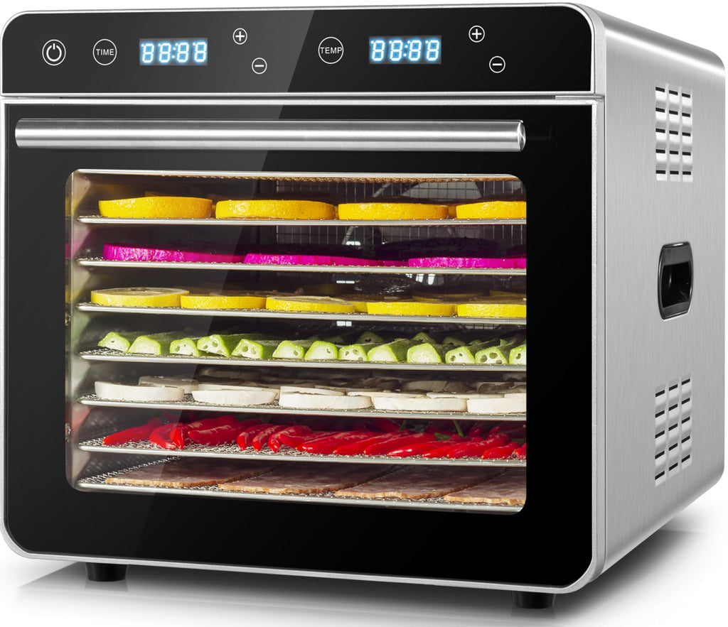 Kwasyo Dörrautomat Edelstahl Trockenkapazität 3,8 kg Rindfleisch, 0,67 m² Trockenfläche, 8 Edelstahl-Dörrtabletts (28x30 cm), 35-85°C Dörrgerät für Hundeleckerlis, Kräuter, Fleisch, Obst, Joghurt