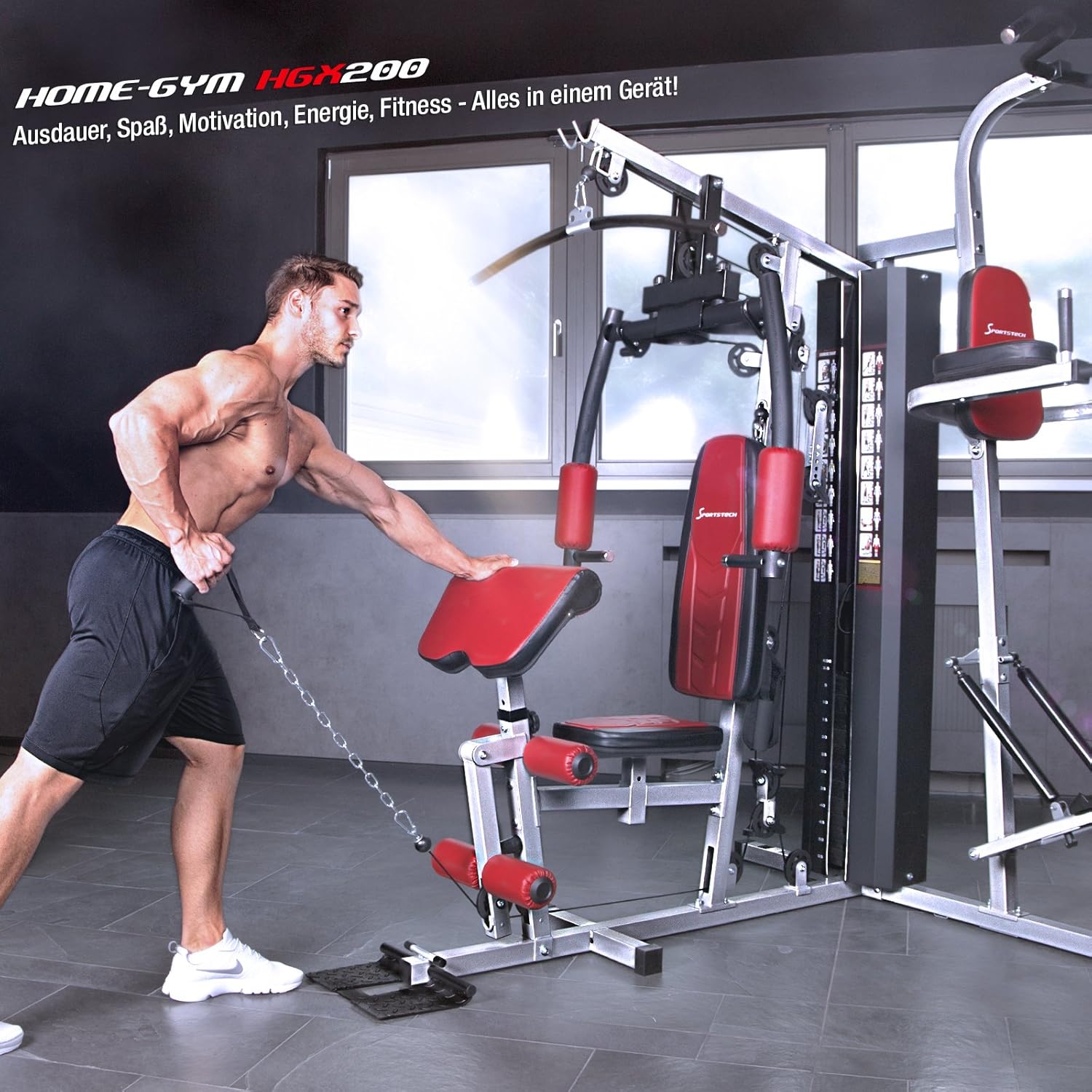 Sportstech HGX200: Multifunktions-Kraftstation mit Stepper, Beinpresse & Powertower