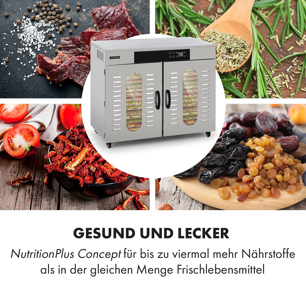 Klarstein Dörrautomat Edelstahl – 4.000-W-Dörrgerät, 48 Edelstahl-Einlegeböden, 30–90 °C, 24-Stunden-Timer, 6 Ventilatoren, 2 Trockenkammern, 50–55 dB, ideal für Obst, Gemüse, Fleisch, Kräuter, Silber