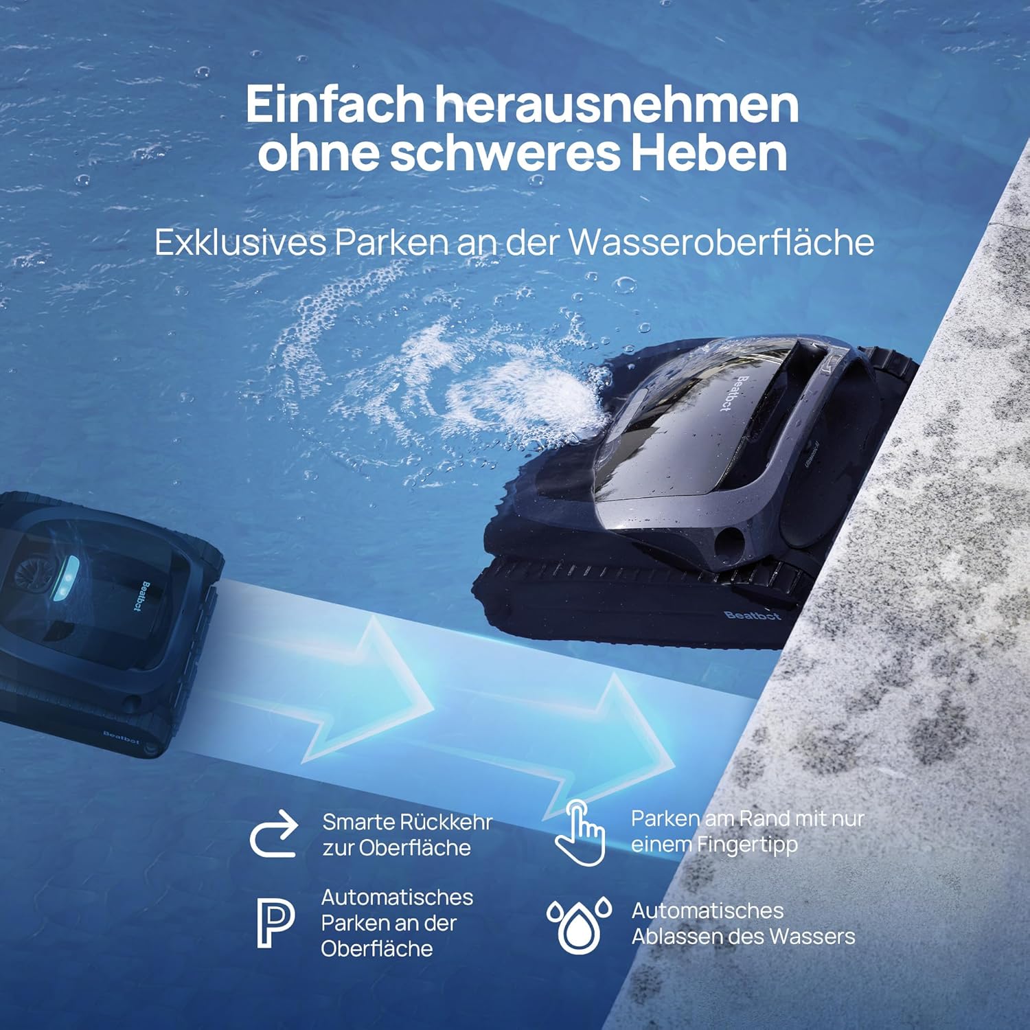 Beatbot AquaSense 2 Akku Poolroboter, Boden & Wand, Wasserlinie doppelt, bis 300㎡, Midnight Blue
