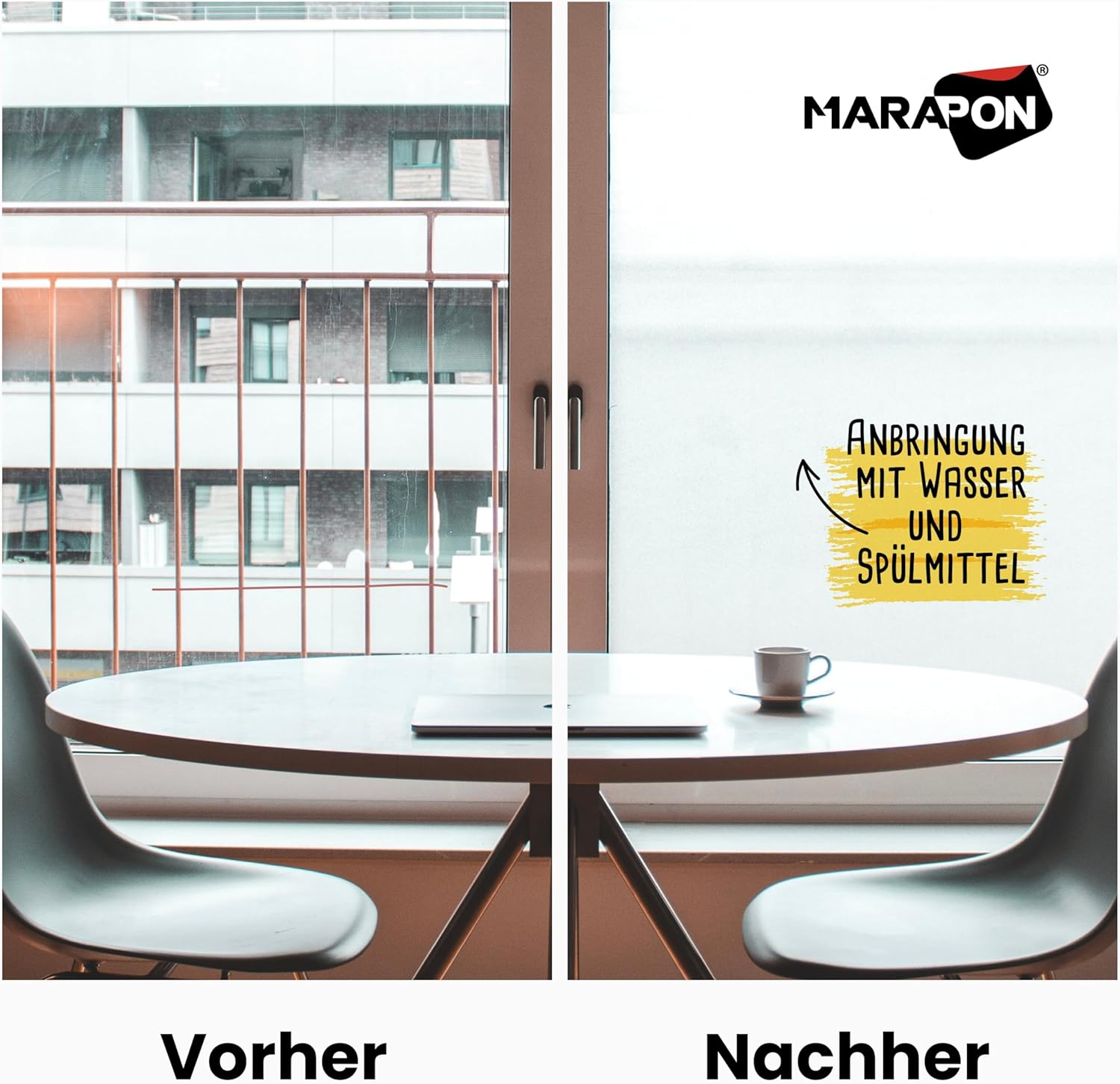 MARAPON® Matt Blickdichte Fensterfolie – Selbsthaftend für Privatsphäre, UV-Schutz, Milchglas-Effekt