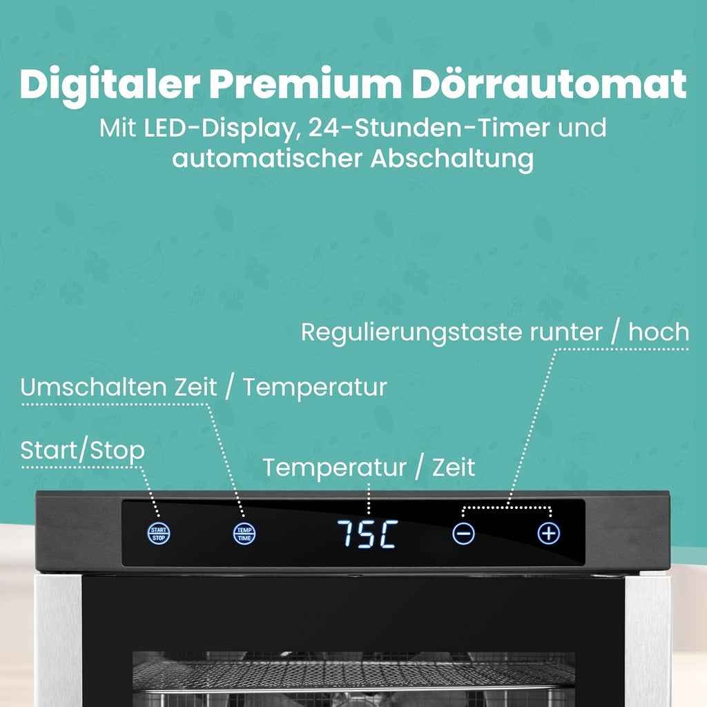 A-rival Dehydrator, Stainless Steel Dehydrator, Touch Control, Professional Dehydrator Stainless Steel, 24 Hour Timer, 6 Drying Trays + 3 Drying Mats, BPA-Free, 35 °C to 75 °C, Quiet Operation, 360°