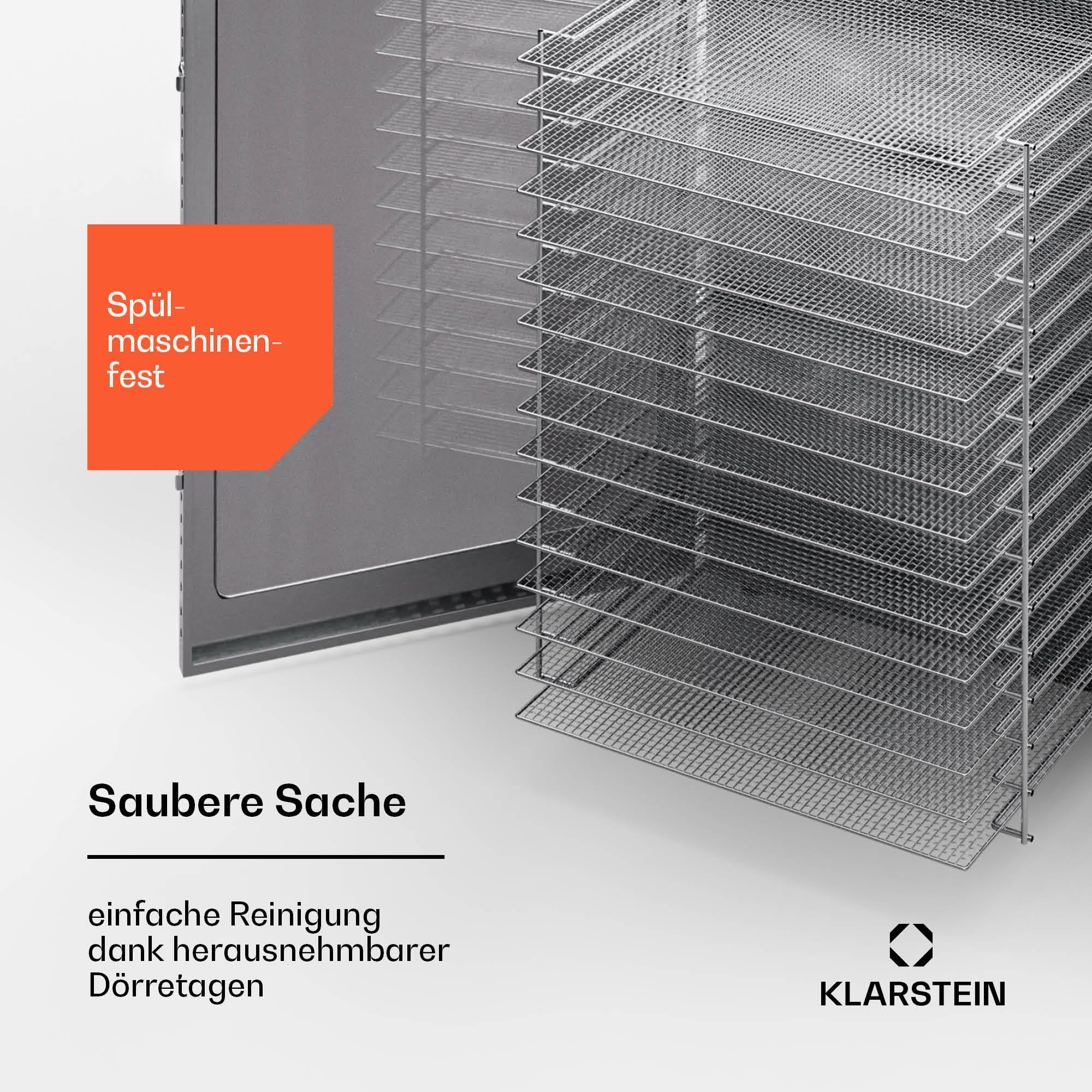 Klarstein Dörrgerät, Dörrautomat für Gemüse, Obst, Pilze & Fleisch, 1500W Edelstahl-Dörrautomat, Trockenautomat mit 16 Metallgitter, Dörrgerät mit 24H Timer & Touch-Display, Food Dehydrator