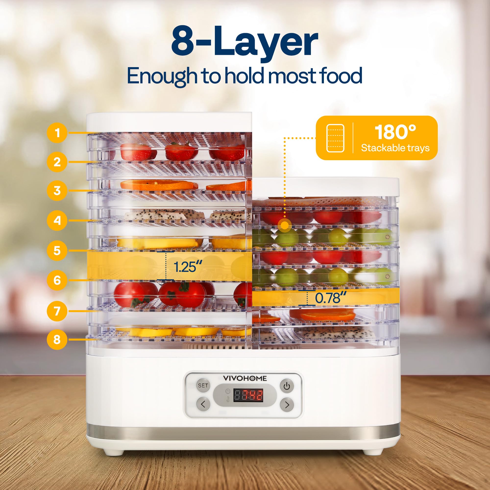 VIVOHOME Dörrautomat mit 8 Einlegefächern 400W BPA frei Dörrgerät mit Temperaturregler von 35°C bis 70°C inkl.72H Timer und Rezept für Fleisch,Obst,Haustier-Leckereiene