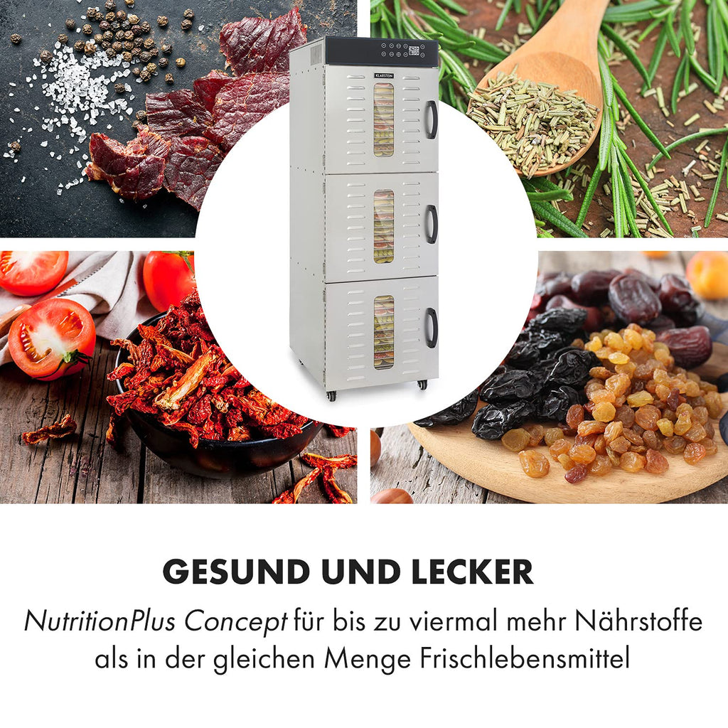 Klarstein Dörrautomat Edelstahl – 4.000-W-Dörrgerät, 48 Edelstahl-Einlegeböden, 30–90 °C, 24-Stunden-Timer, 6 Ventilatoren, 2 Trockenkammern, 50–55 dB, ideal für Obst, Gemüse, Fleisch, Kräuter, Silber