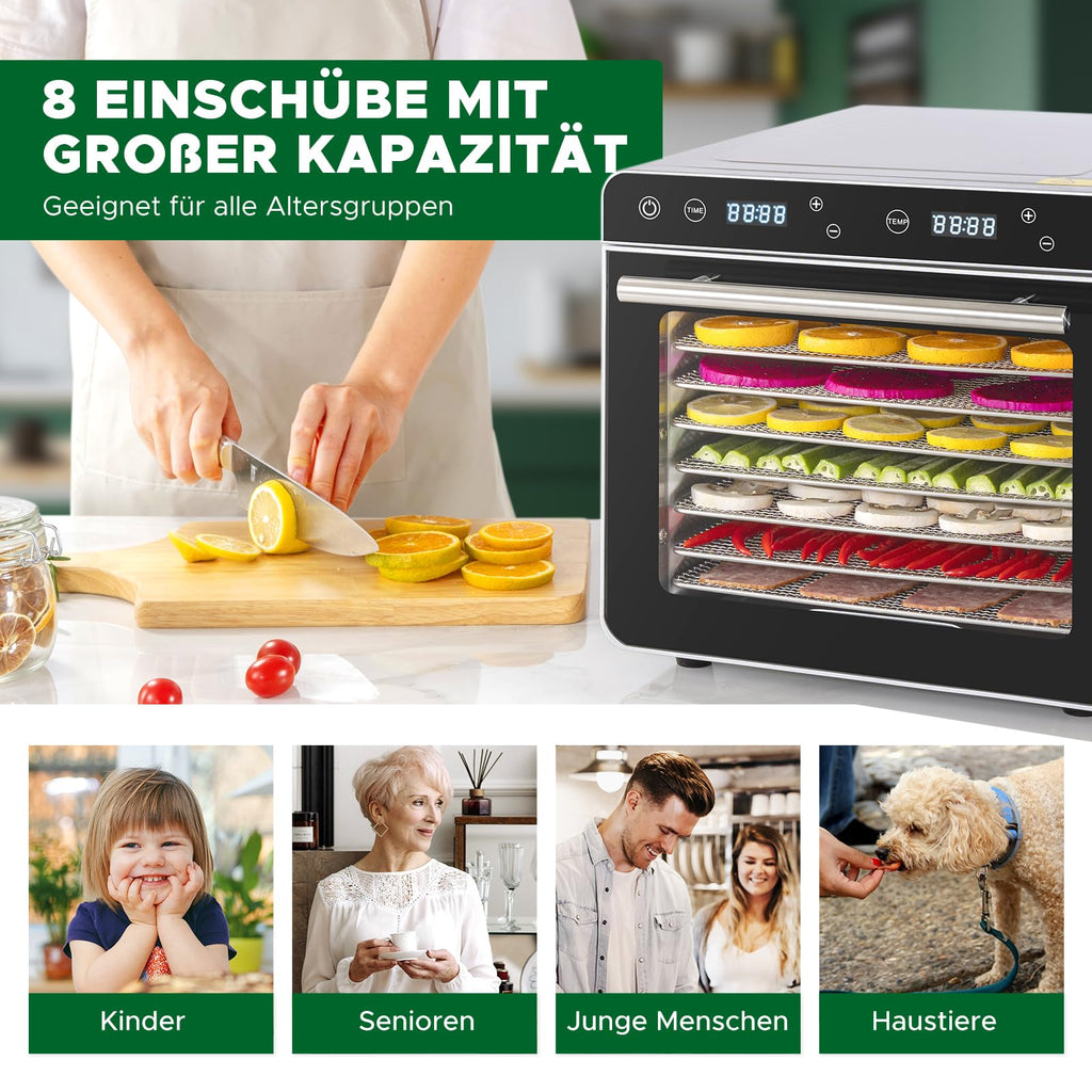 Kwasyo Dörrautomat Edelstahl Trockenkapazität 3,8 kg Rindfleisch, 0,67 m² Trockenfläche, 8 Edelstahl-Dörrtabletts (28x30 cm), 35-85°C Dörrgerät für Hundeleckerlis, Kräuter, Fleisch, Obst, Joghurt
