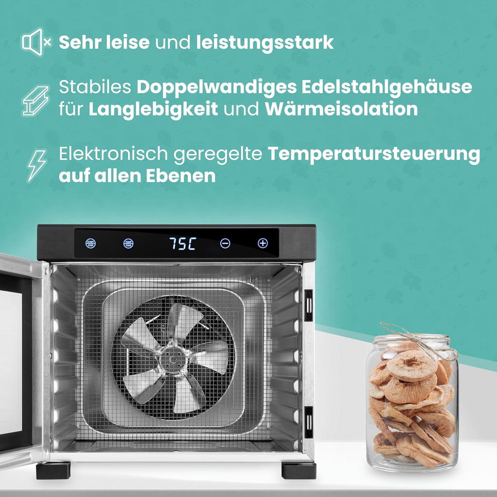 A-rival Dehydrator, Stainless Steel Dehydrator, Touch Control, Professional Dehydrator Stainless Steel, 24 Hour Timer, 6 Drying Trays + 3 Drying Mats, BPA-Free, 35 °C to 75 °C, Quiet Operation, 360°