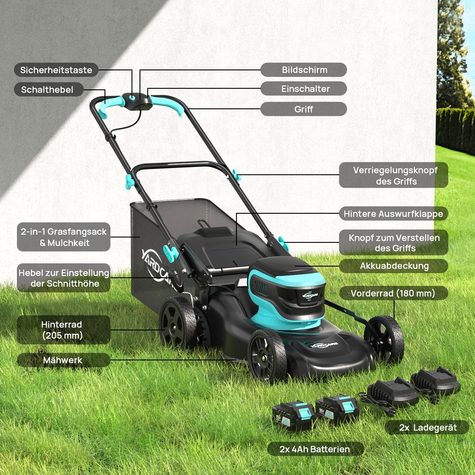 YARDCARE 16" bürstenloser Akku-Rasenmäher